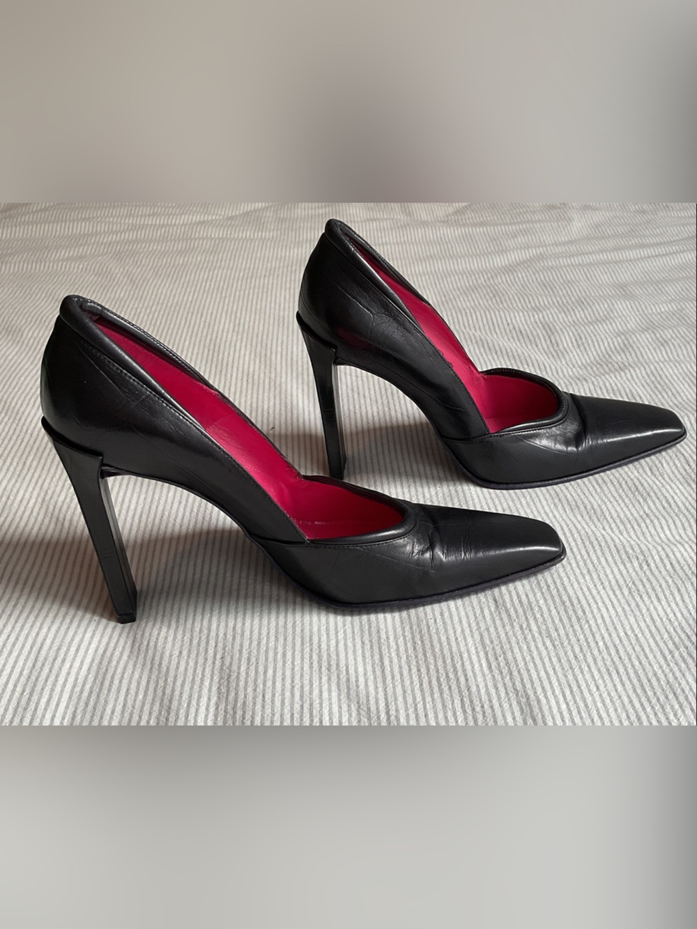 Free Lance Black Leather Square-Toe Heels with Pink Insole